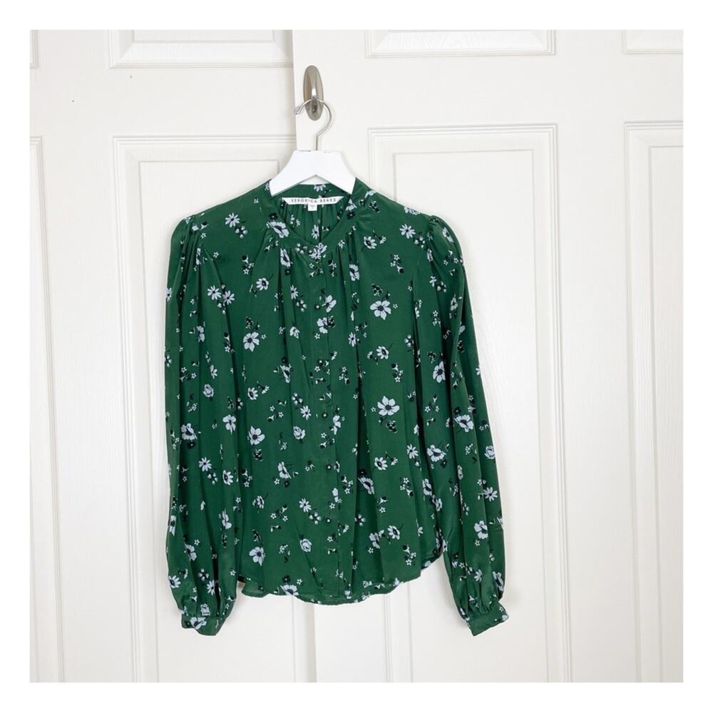 Veronica Beard Ashlynn Floral Blouse Silk Green Button Front Sz 4